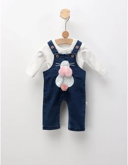 Set salopeta de blug+bluza Iepuras, alb-albastru