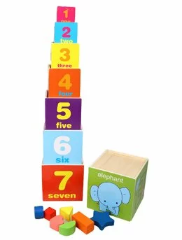Turn din 8 cuburi Montessori din lemn cu forme, cifre, animale