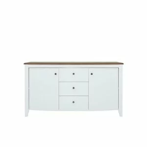 Comodă Kalio KOM2D3S, cu 2 uși, 3 sertare spațioase, PAL/Lemn Salcâm, 163x41.5x91 cm, Alb Lucios/Salcâm Auriu