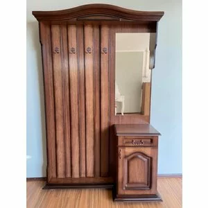 Cuier hol, cu spațiu de depozitare și finisaj vintage, 120x45x210 cm, nuc antichizat