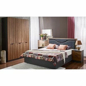 Dormitor Happy set complet cu pat, dulap, comodă și noptiere, PAL melaminat, nuc