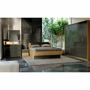 Dormitor Luna, cu pat 160x200 cm, dulap 6 uși, 2 noptiere, comodă 3 sertare, stejar-lava