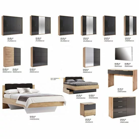 Dormitor Luna, cu pat 160x200 cm, dulap 6 uși, 2 noptiere, comodă 3 sertare, stejar-lava picture - 20