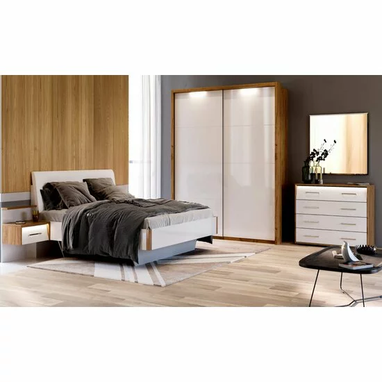 Dormitor Nicky, Set Complet Cu Pat 160x200, Dulap 6 Uși, Comodă Și Noptiere, PAL, Stejar-Alb picture - 2