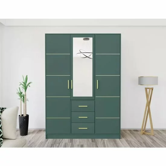 Dulap Bali 2D3 cu oglindă, bară haine, 3 sertare, PAL laminat, 147x58x200 cm, verde picture - 2
