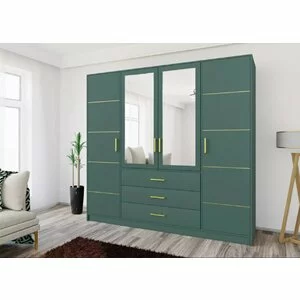 Dulap Bali 2D4 cu oglindă, bară haine, 4 sertare, PAL laminat, 196x58x200 cm, verde