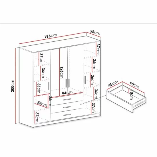 Dulap Bali 2D4 cu oglindă, bară haine, 4 sertare, PAL laminat, 196x58x200 cm, verde picture - 5