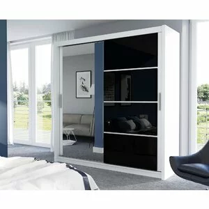 Dulap Brandon cu usi glisante si oglinda din PAL, 203 cm, alb si negru