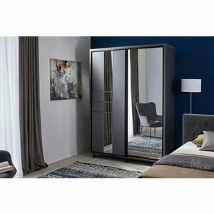 Dulap Rio, uși glisante cu oglindă, PAL melaminat, 140x58x224 cm, grafit