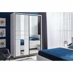 Dulap Rio cu uși glisante, oglindă mare și picioare metalice, PAL melaminat, 140 cm, alb