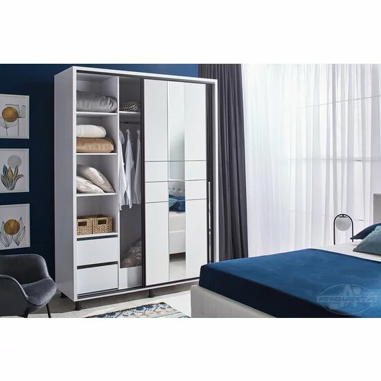 Dulap Rio, alb - 160/224 cm, cu uși glisante, oglindă mare și picioare metalice, PAL melaminat picture - 3