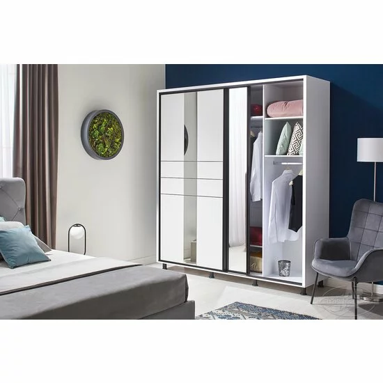 Dulap Rio Grande cu uși glisante, fațadă cu oglinzi și rame decorative, PAL melaminat, 200 cm, alb picture - 3