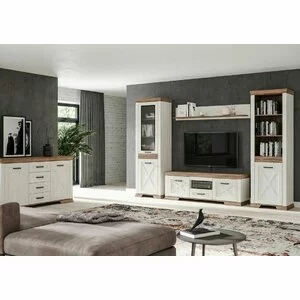 Living Marsel, Set Modular Cu Vitrină, Comodă RTV, Rafturi Și Spații Depozitare, MDF/PAL, Alb Frasin