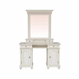 Masă de toaletă Floris, design clasic, lemn masiv și MDF, 134x50x78 cm, crem patinat