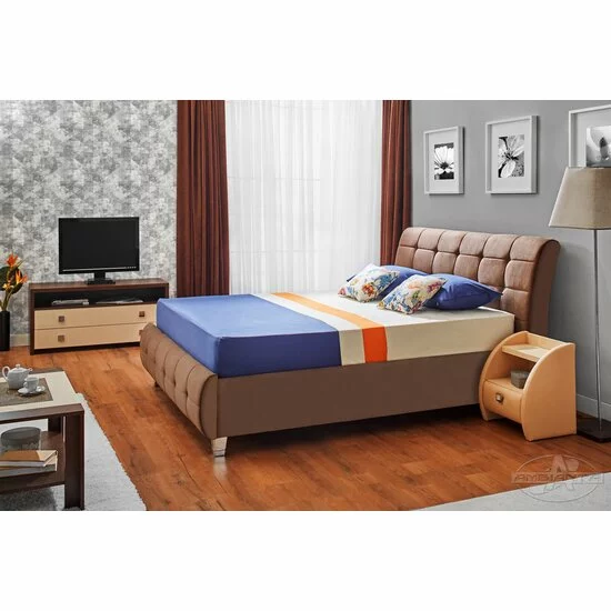 Pat Samba cu somieră rabatabilă, ladă de depozitare, spătar tapițat cu stofă catifelata, PAL melaminat, 160x200 cm, maro picture - 2