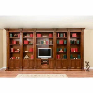 Bibliotecă Emily, spații depozitare multiple, lemn masiv Paltin și panel furniruit, 447x41x238 cm, finisaj nuc