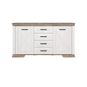 Comodă Marsel KOM2D4S, 2 uși și 4 sertare, design minimalist, MDF și PAL, 166x89x45 cm, alb frasin