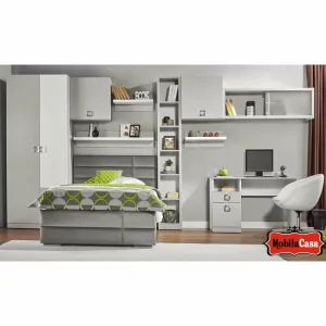 Dormitor Amigo - gri, modular cu Pat Tapițat si Dulap, PAL Melaminat