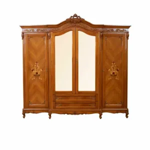 Dulap 4 uși Paris, spațiu generos + finisaje elegante, lemn masiv fag + MDF furniruit, 260x66x245 cm, nuc