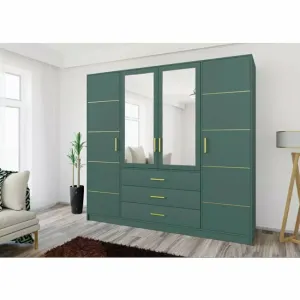 Dulap Bali 2D4 cu oglindă, bară haine, 4 sertare, PAL laminat, 196x58x200 cm, verde