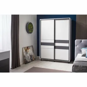 Dulap Cristal cu uși culisante, alb-grafit, 200x224 cm, bara pentru umerașe și sertare, PAL melaminat