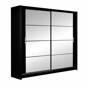 Dulap Dakota cu usi glisante si oglinzi din PAL, 203x61x215 cm, negru