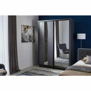Dulap Rio Grande, grafit - 140/224 cm, cu uși glisante, fațadă cu oglinzi și rame decorative, PAL melaminat