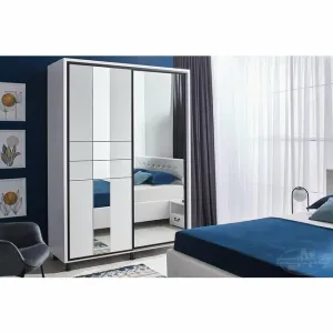 Dulap Rio, alb - 140/224 cm, cu uși glisante, oglindă mare și picioare metalice, PAL melaminat