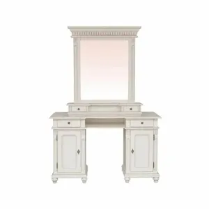 Masă de toaletă Floris, design clasic, lemn masiv și MDF, 134x50x78 cm, crem patinat