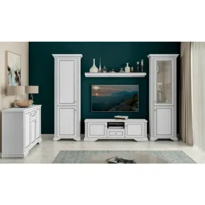 Set Living White, Comodă RTV, Vitrină 1D1W și Penar 2D, PAL și MDF, 312x43x220 cm, Frasin Alb și Pin Argintiu
