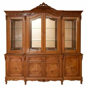 Vitrină 4 uși Principesa, detalii ornamentale sculptate, lemn masiv paltin + MDF furniruit, 224x44x158 cm, nuc