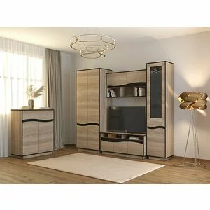 Set Mobilă Living Geneva, Modular Cu Vitrină, Comodă, Rafturi Și Spații Depozitare, PAL, 215x50x207 cm, Sonoma Trufă/Wenge Magia