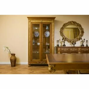 Vitrină 2 Uși Vicky, fronturi vitrate, masiv fag + panel + MDF furniruit nuc, 80x46.5x218.5 h cm, finisaj la alegere