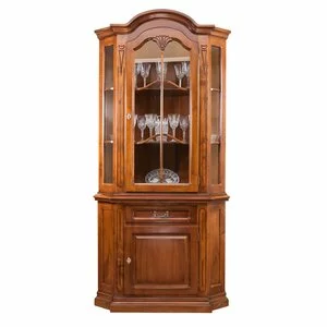 Vitrină colț Mara din lemn masiv fag, panel și MDF, furniruit cu furnir de nuc, 76x76x140 cm