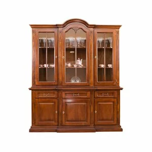 Vitrină Mara cu 3 uși din lemn masiv fag, panel și MDF, furniruit cu furnir de nuc, 188,5x58x135,5 cm