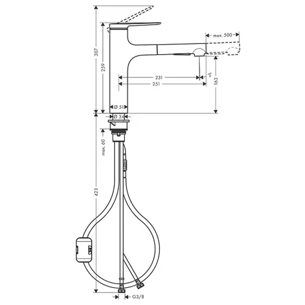 Baterie bucatarie cu dus extractibil crom periat Hansgrohe Zesis M33 160 cu 2 jeturi picture - 2