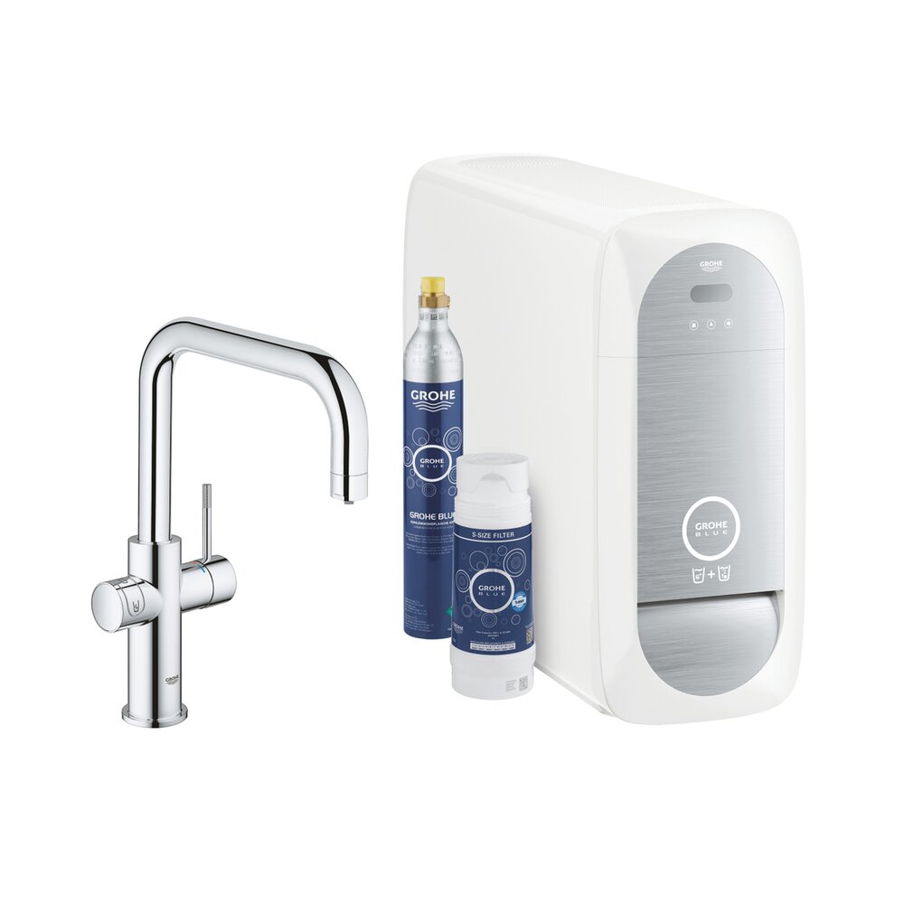 Baterie bucatarie Grohe Blue Home crom pipa tip U si Starter Kit Baterie