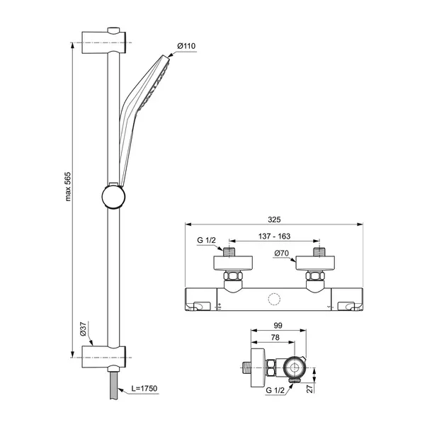 Baterie dus termostatata Ideal Standard Ceratherm T50 crom lucios cu set de dus cu bara 60 cm picture - 8