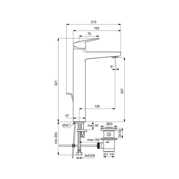 Baterie lavoar inalta Ideal Standard Ceraplan 250 negru mat cu ventil Pop-Up metalic picture - 3