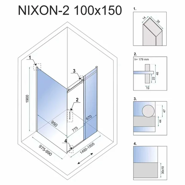 Cabina de dus dreptunghiulara cu usa glisanta Rea Nixon 100x150 crom stanga picture - 2