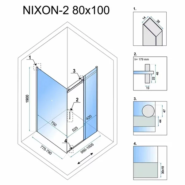Cabina de dus dreptunghiulara cu usa glisanta Rea Nixon 80x100 crom dreapta picture - 2