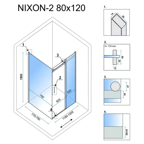 Cabina de dus dreptunghiulara cu usa glisanta Rea Nixon 80x120 crom stanga picture - 2