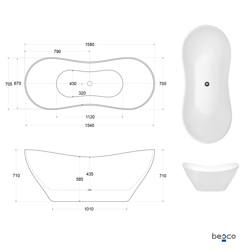 Cada freestanding Besco Viya alba 160x70 cm VIYA16070 | Neakaisa.ro