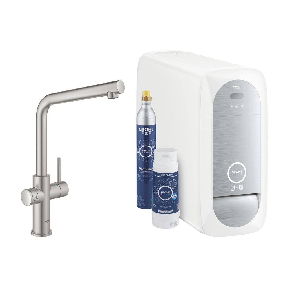 Baterie bucatarie Grohe Blue Home Ondus crom periat Supersteel pipa tip L si Starter Kit Baterie