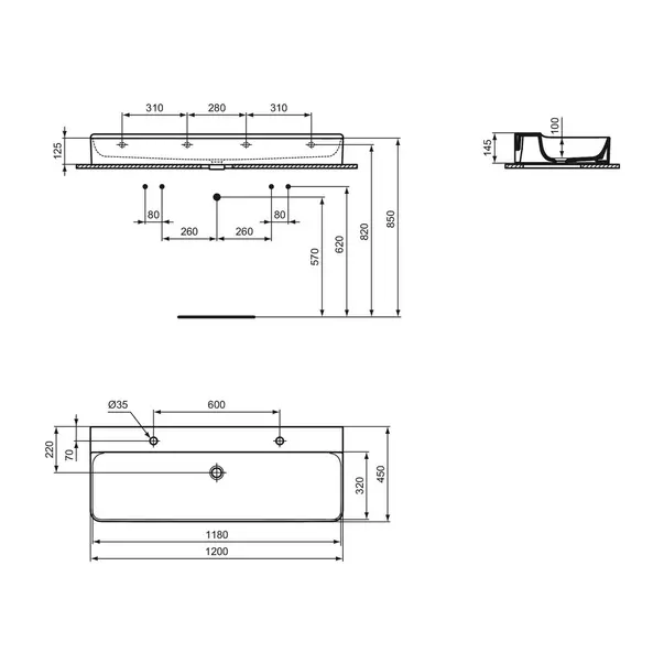 Lavoar suspendat Ideal Standard Atelier Conca 120 cm alb lucios cu 2 orificii baterie picture - 12