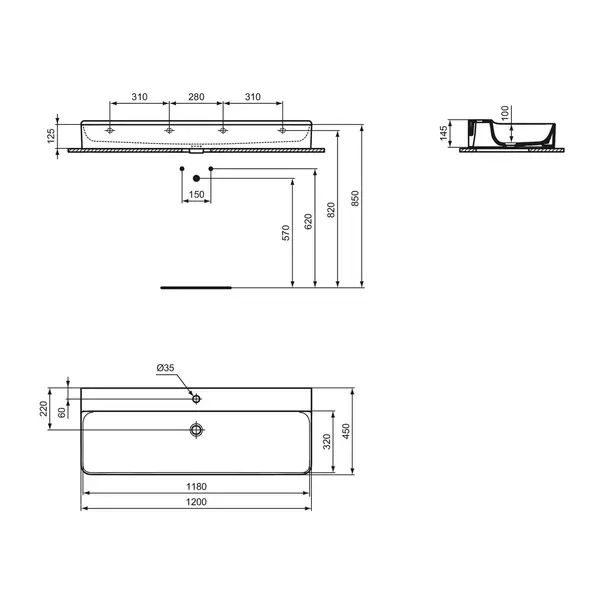 Lavoar suspendat Ideal Standard Atelier Conca 120 cm alb lucios cu orificiu baterie picture - 12