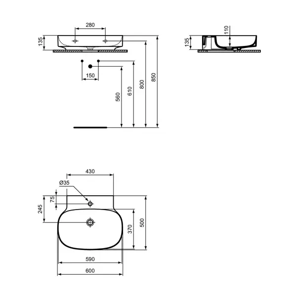 Lavoar suspendat Ideal Standard Atelier Linda-X cu orificiu baterie 60 cm alb mat picture - 10