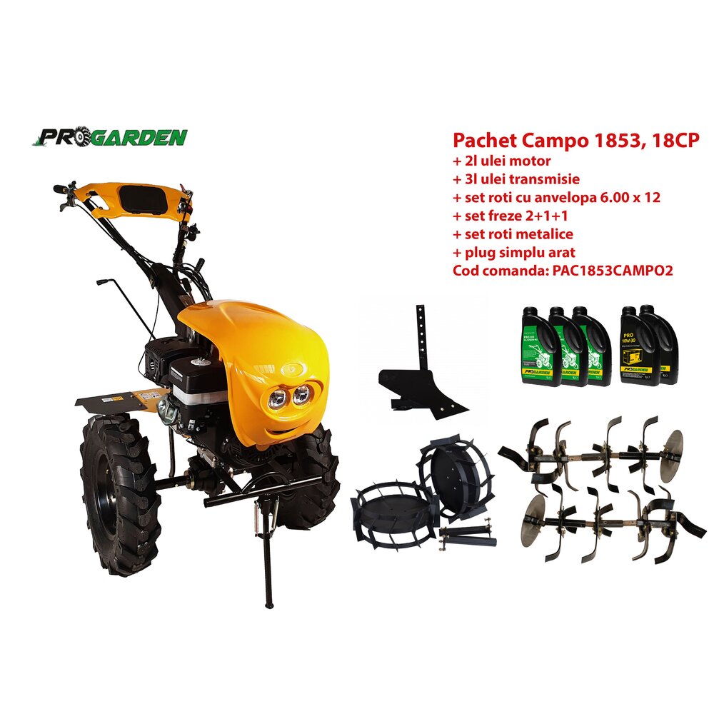 Pachet motocultor Progarden Campo 1853, benzina, EURO5, 18CP, 2+1 trepte, accesorii, ulei motor si transmisie incluse