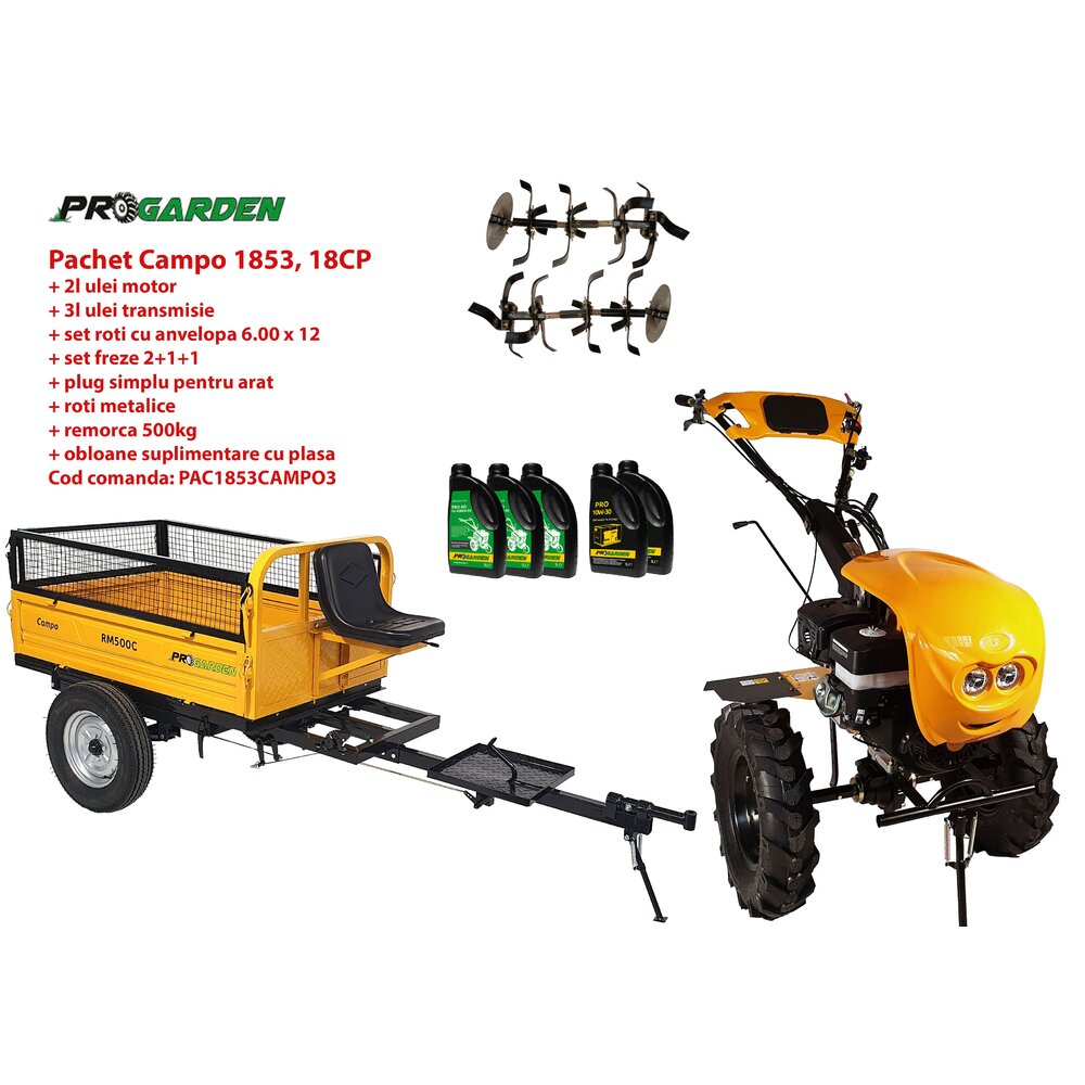 Pachet motocultor Progarden Campo 1853, benzina, EURO5, 18CP, 2+1 trepte, remorca 500kg, ulei motor si transmisie incluse