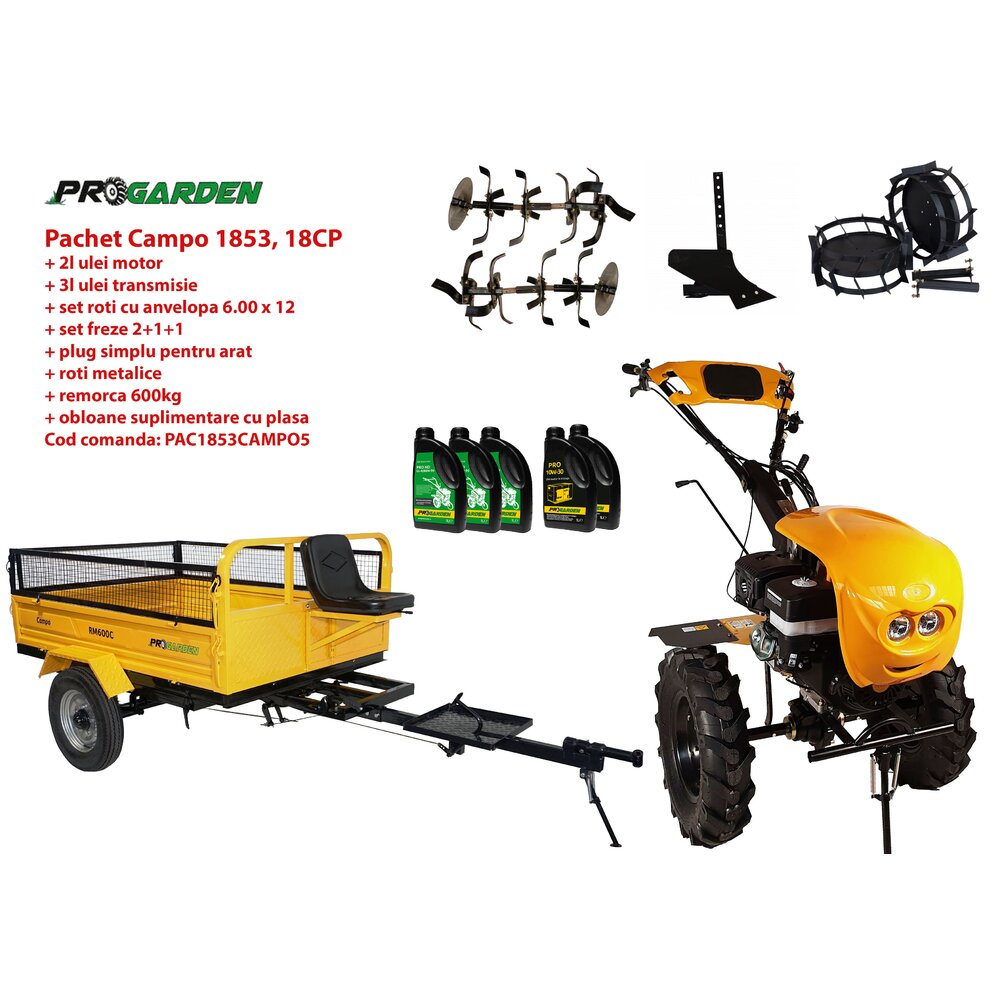 Pachet motocultor Progarden Campo 1853, benzina, EURO5, 18CP, 2+1 trepte, remorca 600kg, accesorii, ulei motor si transmisie incluse